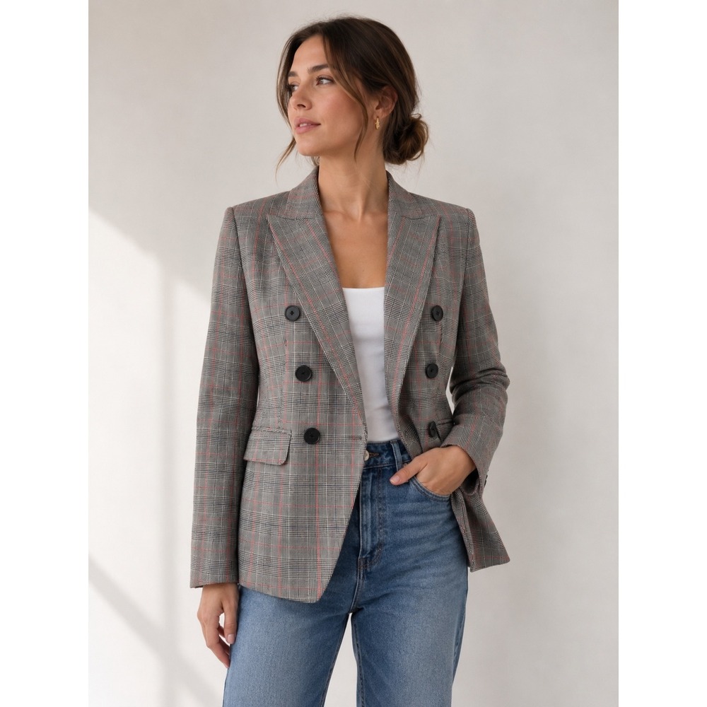Banana Republic Womens Plaid Double Breasted Blazer Grey Red Glen Check Size 4